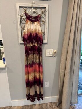 Metaphor Multicolor Halter Maxi Dress in Burgundy and Cream